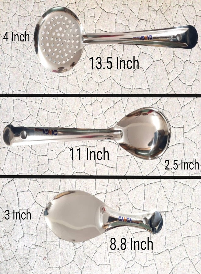GANGAMETAL طقم ملاعق جانجاميتال مكون من 5 قطع للمطبخ | طقم ملاعق تقديم | أدوات مطبخ للطبخ المنزلي | ملعقة كبيرة، مغرفة، مغرفة، ملعقة تقليب مرنة، ملعقة أرز | لون فضي - Image 5